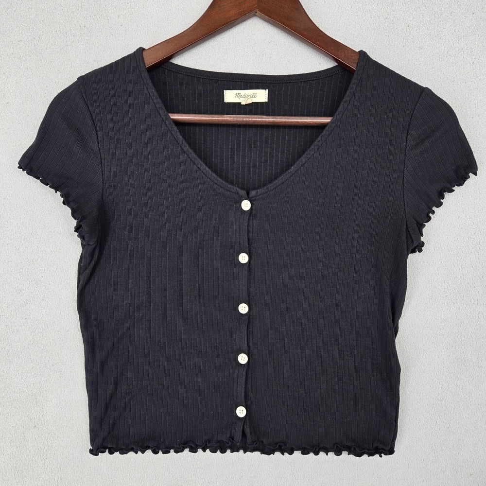 Madewell Womens Small Black Ribbed Lettuce Edge Button Front Cropped Top NJ806
